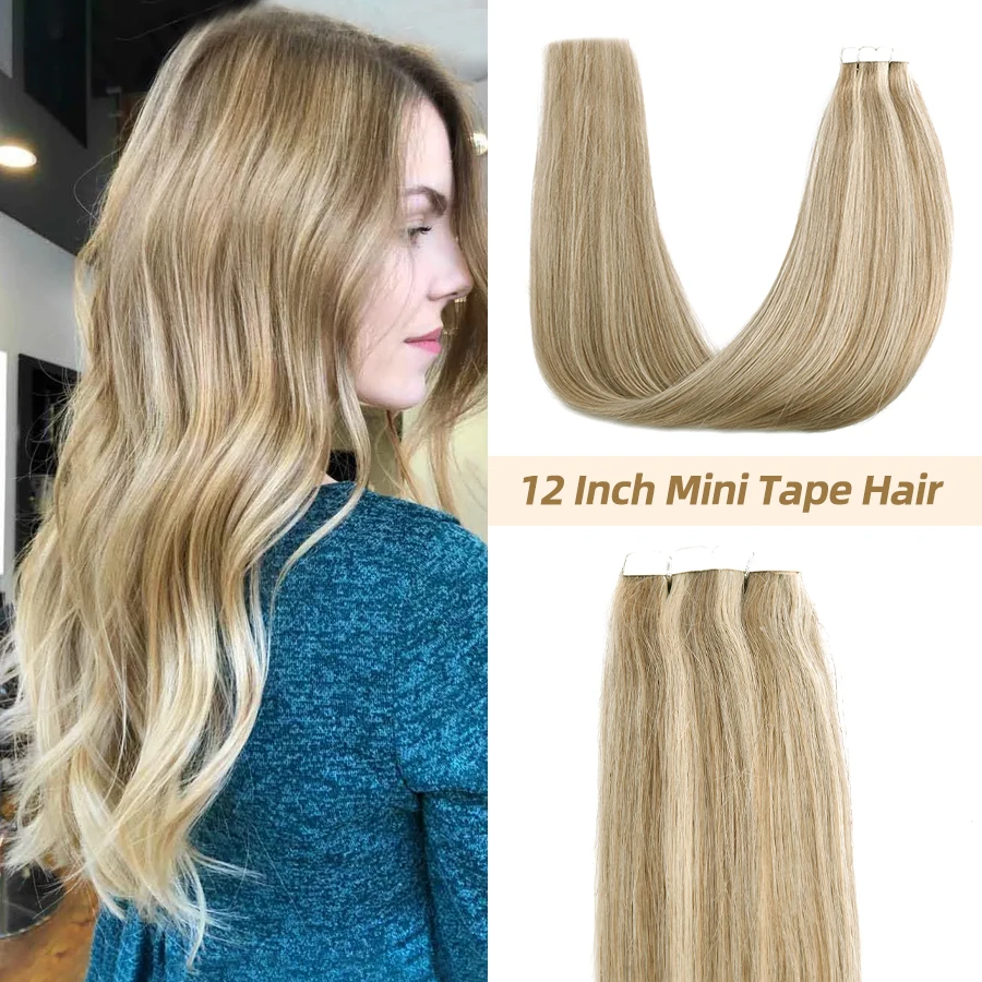 Human Hair Extensions Hair Extensions Invisible Mini Tape In Hair Extensions Black Women 100% Natural Adhesive Human Hair Tape Ins Straight 12" 16" Blonde Ombre