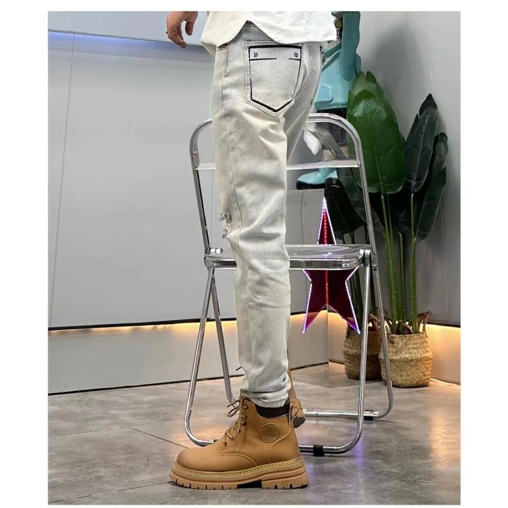 Locomotive Men Invisible Open Crotch Outdoor Sex Ripped Jeans Men's Old Vintage Casual Pants Exotic High Street Elastic Slim 4