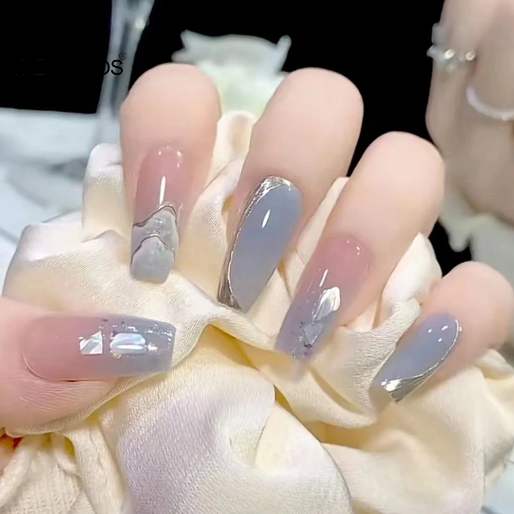 Uñas postizas brillantes para manicura, uñas acrílicas con estampado de  montañas, 24 piezas, color azul degradado - AliExpress