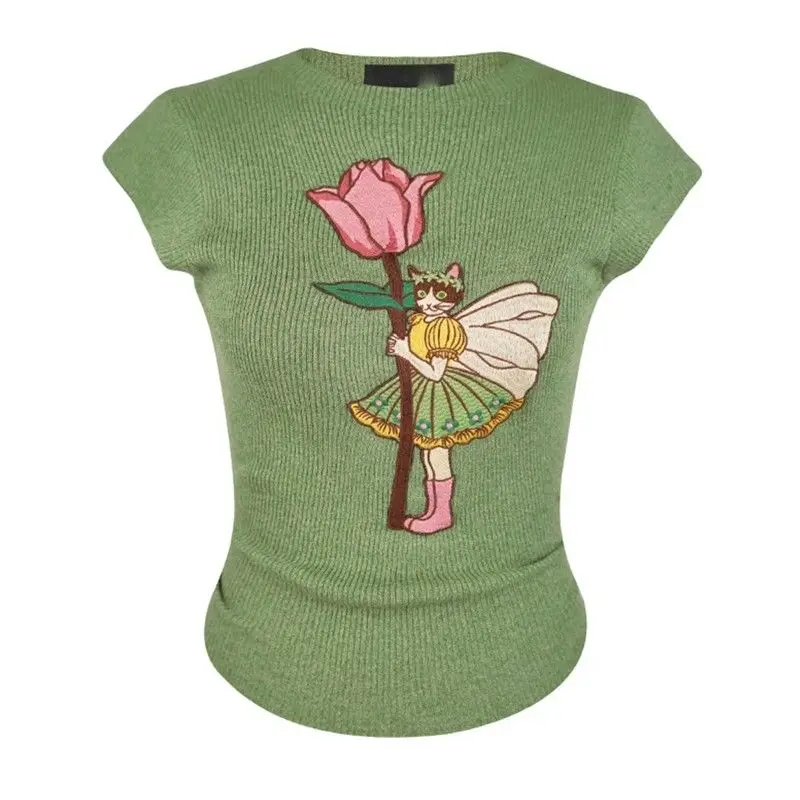 

2023 Cartoon Embroidered Knitted T-shirt Women's Summer Thin Fit Top vintage clothes korean crop top women
