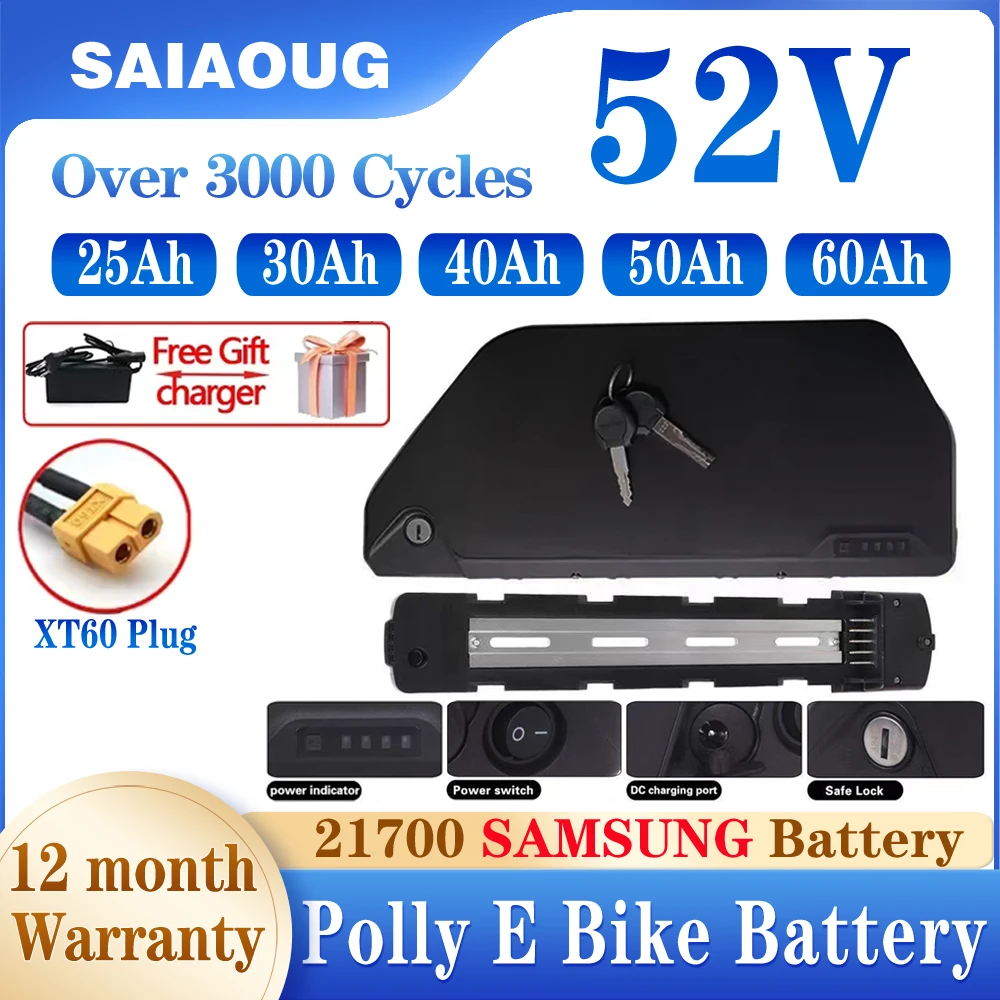 

60Ah 21700 EBike Battery Sharks Polly 52V 50Ah 40Ah 30Ah with BMS Electric Bicycle Bateria for 3000W 2000W 1000W+Security Lock