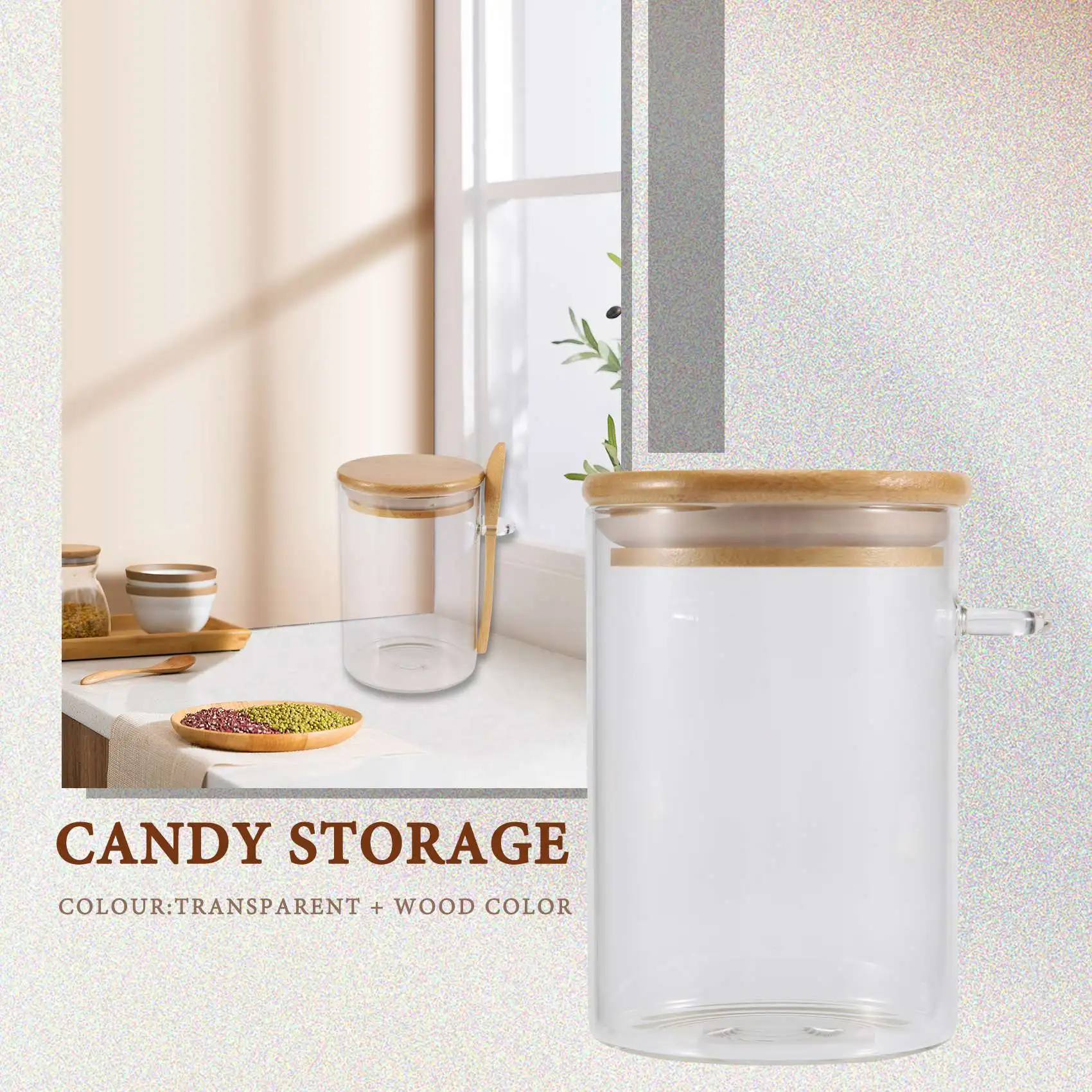 

Glass Food Airtight Canister Castor Wooden Twist Lid Kitchen Candy Storage Tank Jar Bamboo Food Container with Wooden Spoon