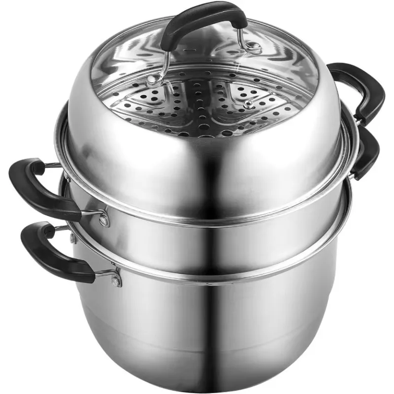 3 Tier Steamer Pot with 8.5QT Stock Pot,Vegetable Steamer & 2 Steaming Tray,Food-Grade 304 Stainless Steel Food Cookware