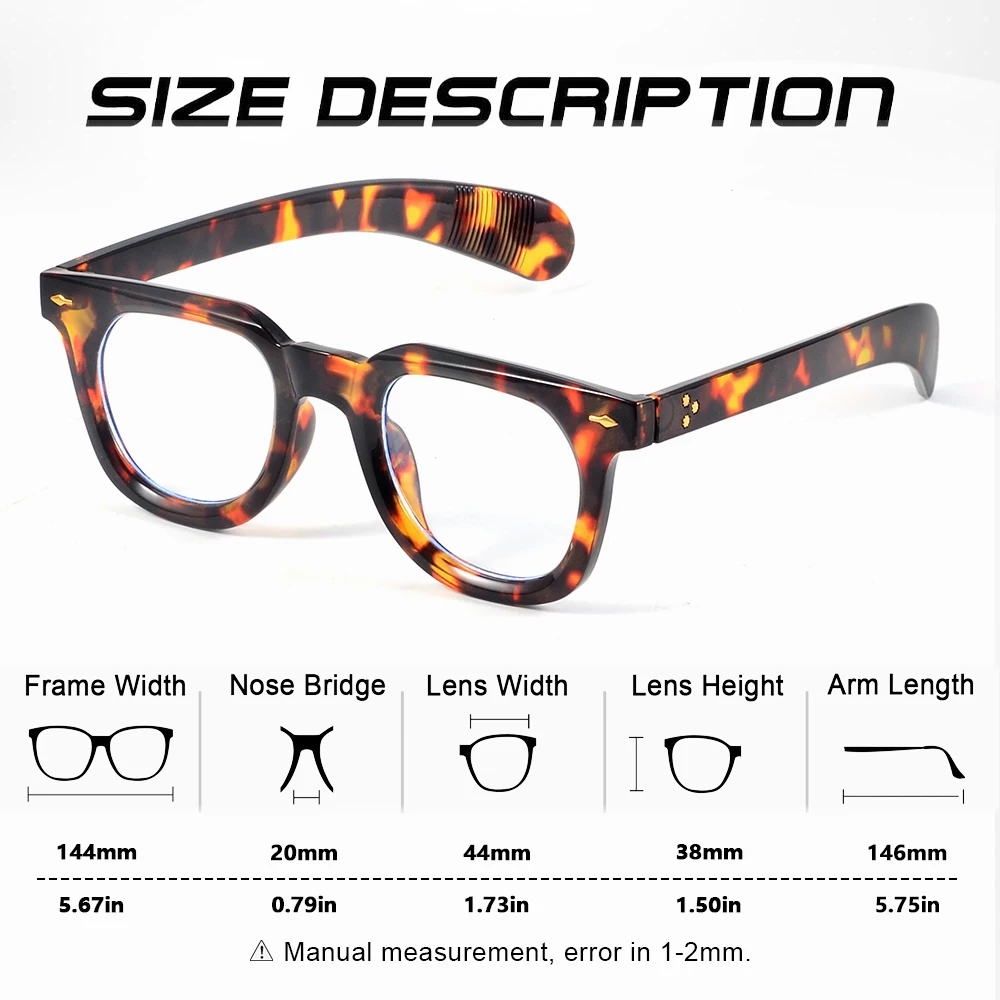 PACOSHOP24.COM Occhiali anti luce blu unisex wayfarer retrò vintage: larghezza montatura 144mm, ponte naso 20mm, lente 44x38mm, lunghezza braccio 146mm. Vedi sotto per le illustrazioni dei diagrammi delle dimensioni.