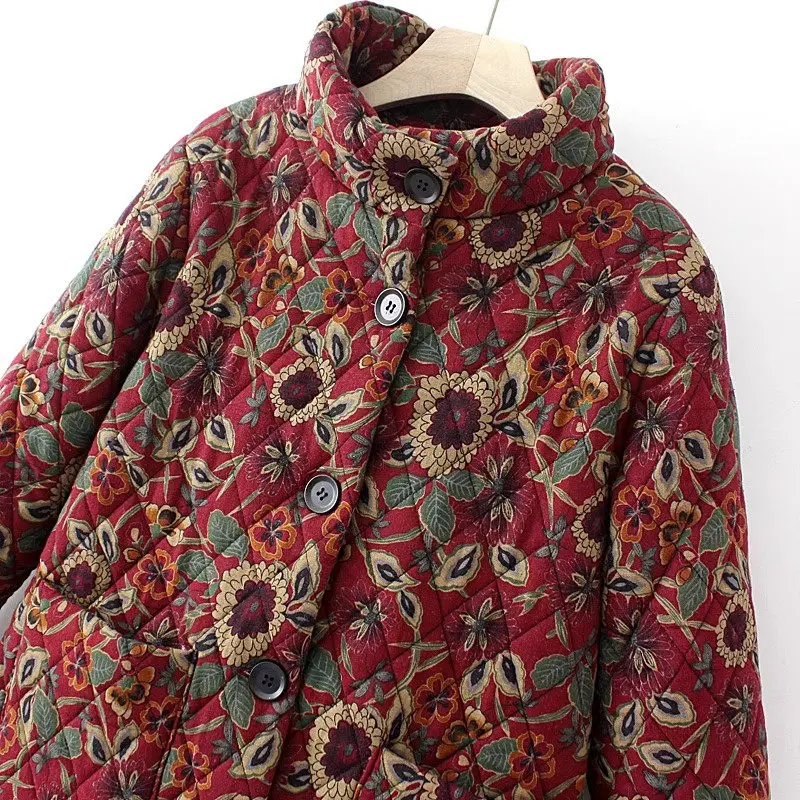 Plush Thickened Cotton Coat Middle-Aged And Elderly Mothers Winter Medium Length Sunflower Printed Oversized Warm Jacket Z3924