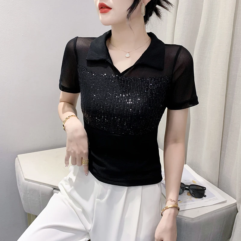

2023 New Summer European Clothes Mesh T-Shirt Women Chic Sexy Patchwork Glitter Sequins Tops Short Sleeve Hand Made Tees 35066