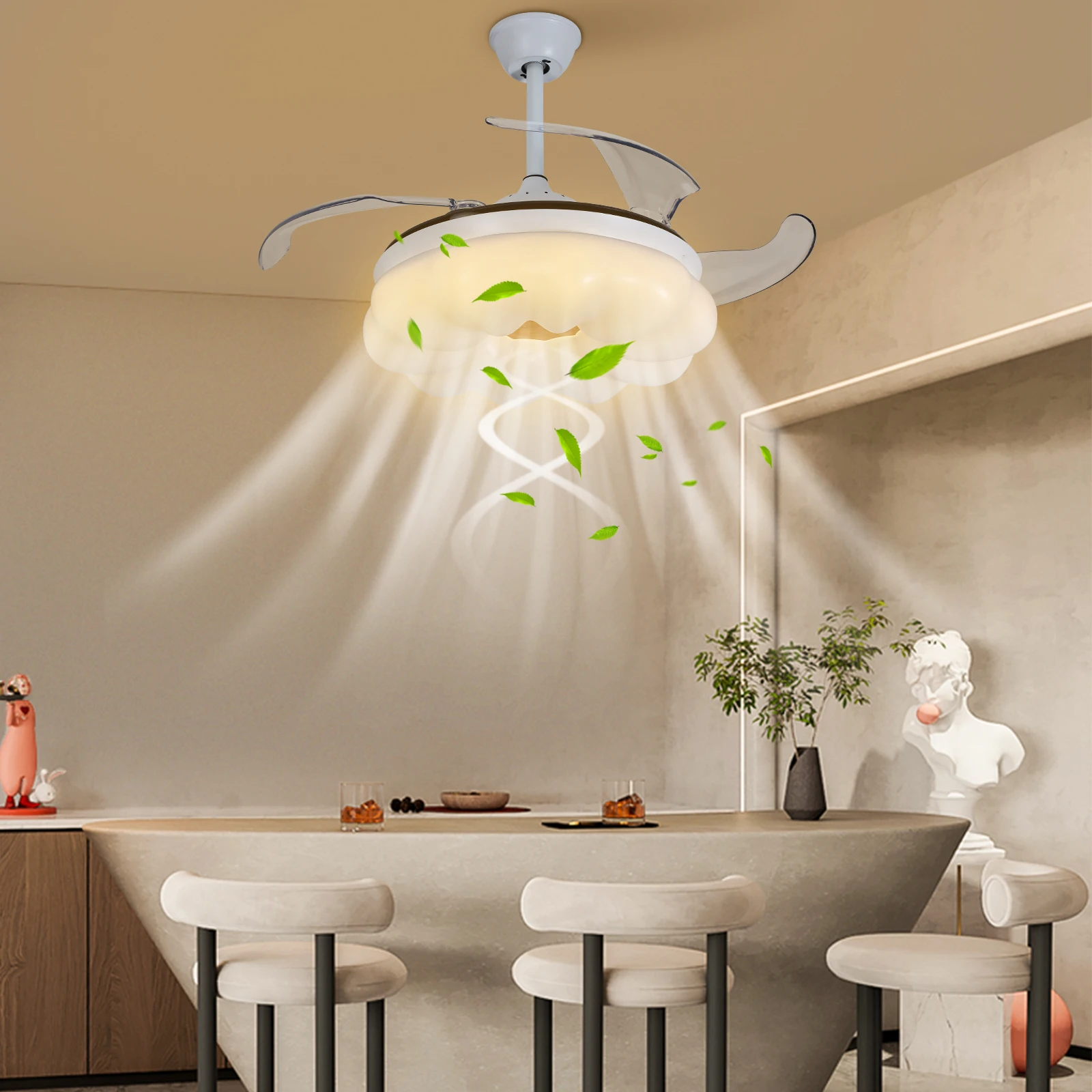Ceiling Fan with Lights&Remote Control, 42 Inch Modern Fandelier Ceiling Fan, Retractable Fan with Light