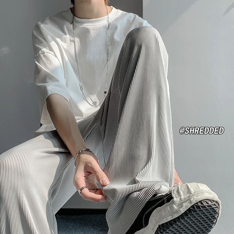 Legible Men's Pant Full Length Wide Leg Pants Male Casual Elastic Waist Loose Stripe straight Pant Man