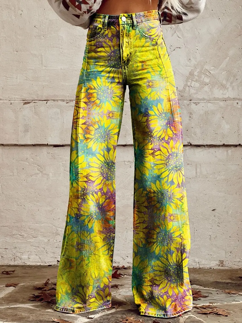Women's trendy retro striped wide leg pants, casual, fashionable and comfortable women's long pants, tie dyed casual wide leg