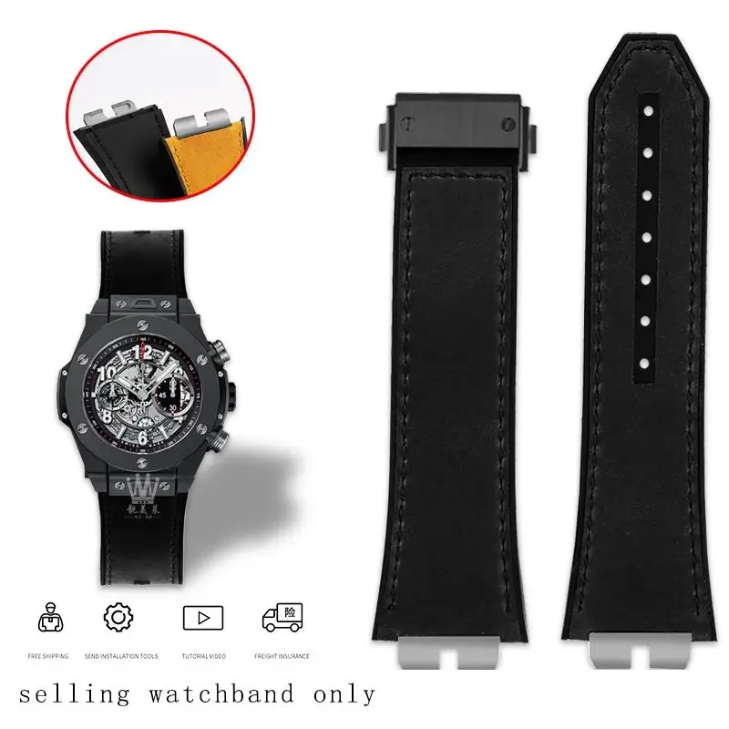 thumbnail image 1 of Correa de reloj de liberación rápida retro de cuero genuino + base de caucho fluorado para Hublot Big Bang 411 411 para hombre, junta de acero inoxidable, 1 of 5
