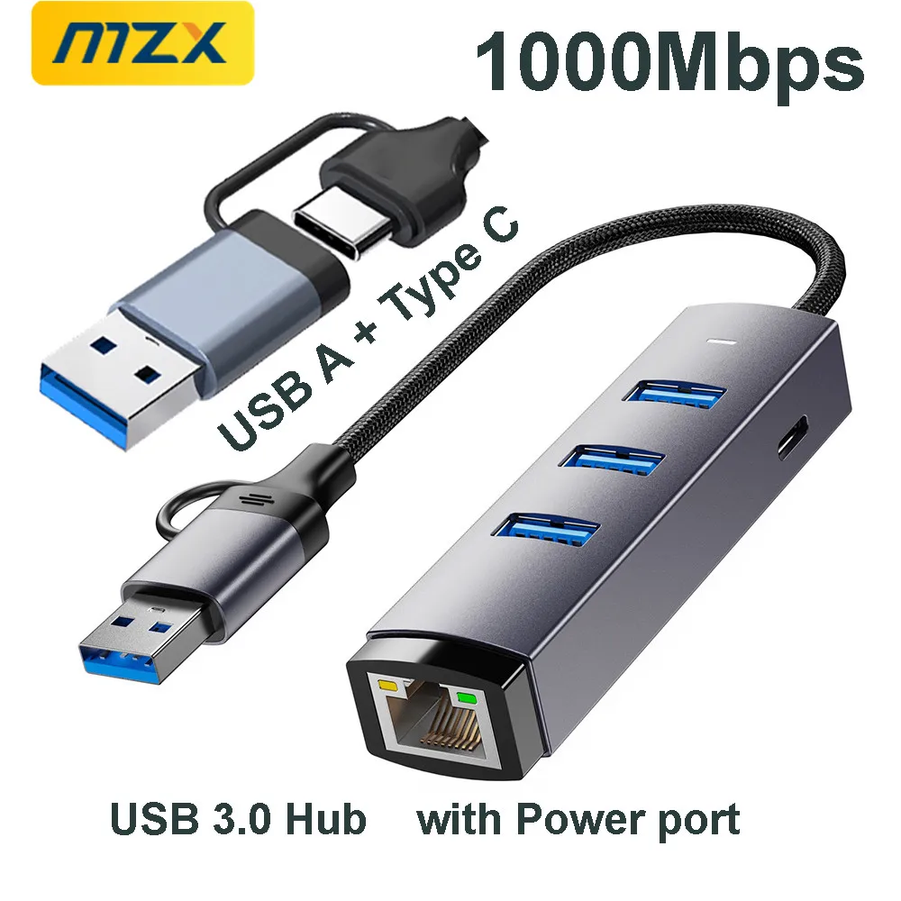 MZX 1000Mbps 네트워크 카드 USB 3.0 허브 A 타입 C 어댑터 RJ45 기가비트 1G 이더넷 LAN 네트워킹 PC 노트북 컴퓨터 액세서리