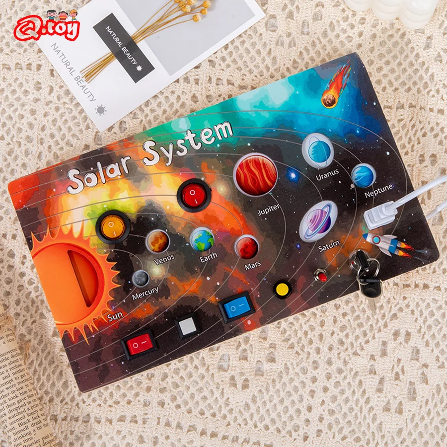 

Solar System LED Light Busy Board Wooden Electronic Busyboard Switch Physical Educational Montessori Toys for Kids Daily Skill