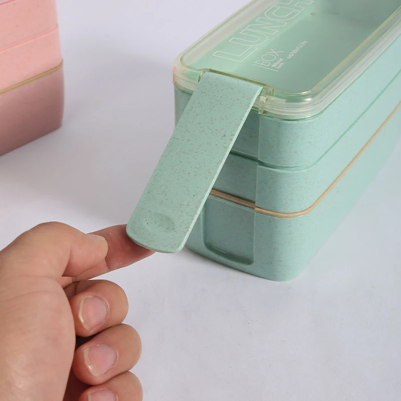 Description Picture 6 of item1pc Square Three Wheat Straw Fibre Plastic Lunch Box Students Adult Lunch Box With Cutlery