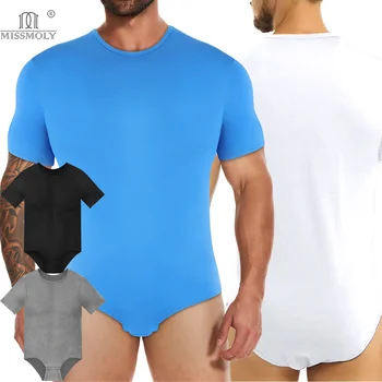 Mens Short Sleeve Bodysuit Press Button Crotch Shapewear Sleepwear Crew Neck Leotard Undershirt Daily Skinny Breathable Jumpsuit