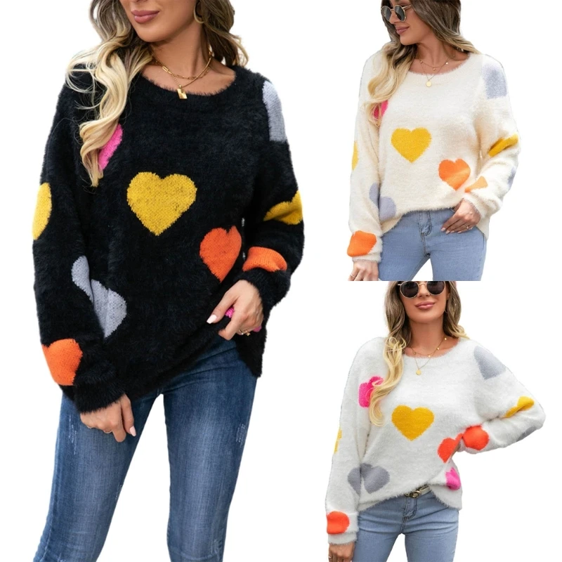 

Women Casual Long Sleeve Crewneck Loose Knit Pullover Sweaters Heart Jumper Tops N7YD