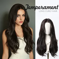EASIHAIR Dark Brown Black Long Wavy Synthetic Lace Front Wigs with Long Bangs Daily Cosplay Party Women Lace Wig Heat Resistant 1