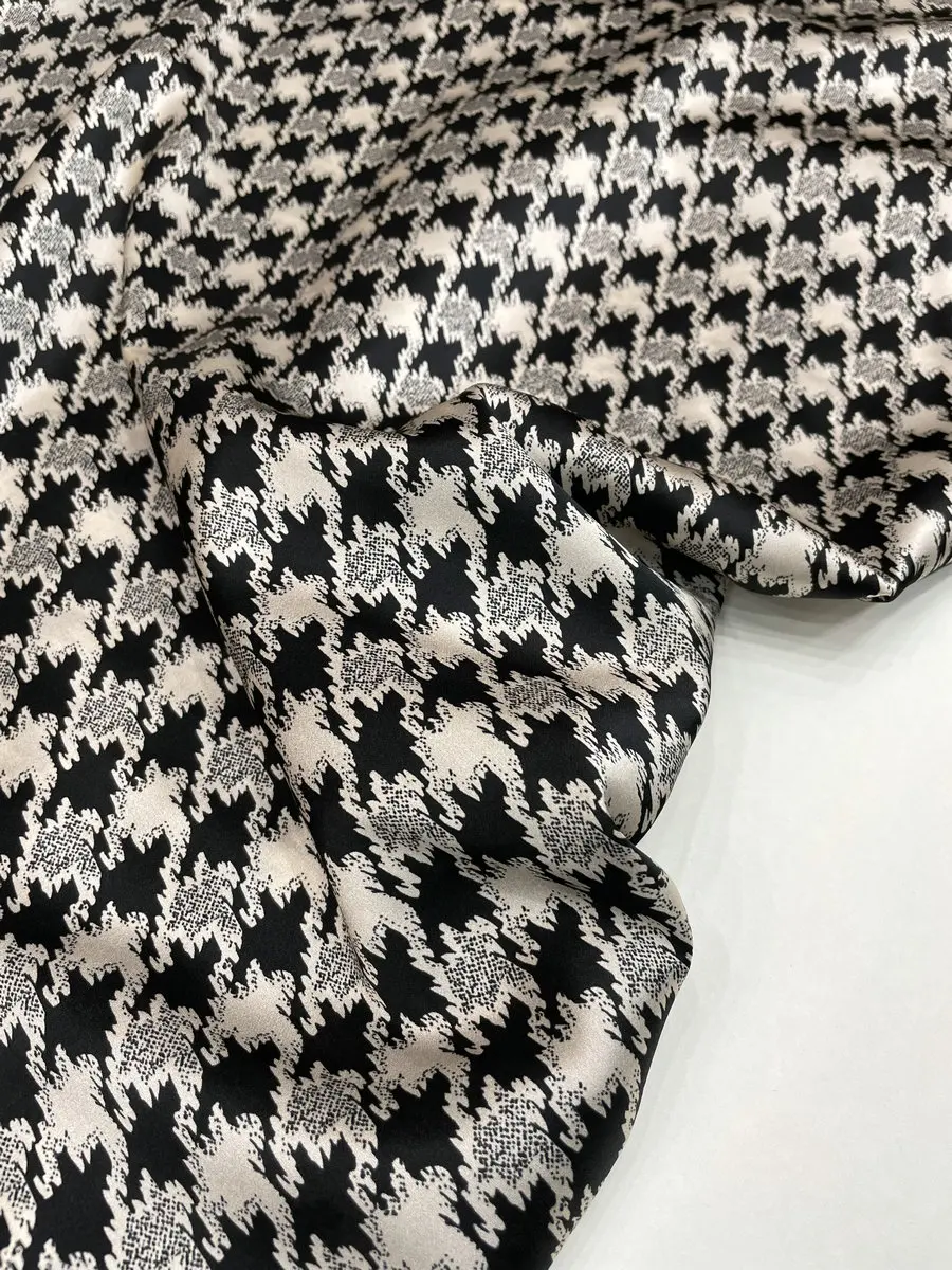 Silk Fabric Elastic Satin Beige White Background Black Bird Pattern Printed Mulberry Silk Shirt Dress Fabric High Quality