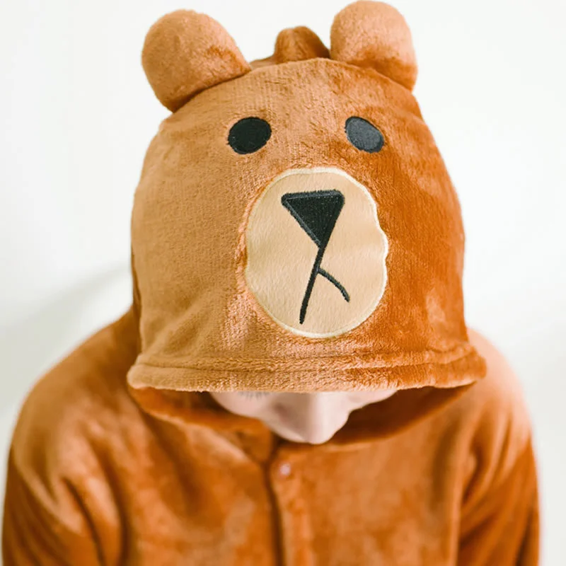 Unisex Onesie Flannel Thermal  Sleepwear Kigurumi Cartoon Animal Cosplay Costumes Brown Bear One-piece Pajamas Hooded Jumpsuit