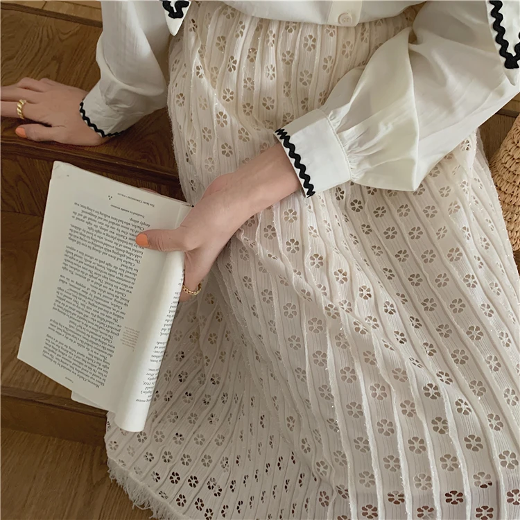 Hollow Lace Knitted Skirt Tassels Pleated Long Skirts Korean Elegant Casual Elastic High Waist Skirt Black Apricot Spring Summer white pleated skirt