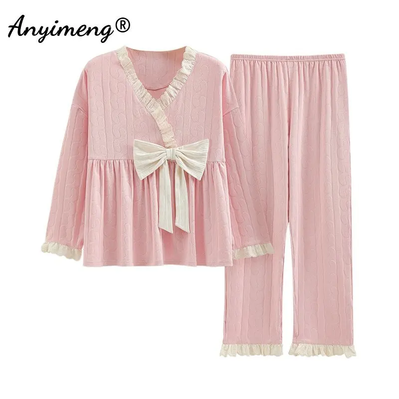 

Jacquard Knitted Cotton Autumn Woman Pajamas Girls Elegant Homesuits Chic Kimono Princess Style Bow Ornament Sleepwear for Lady