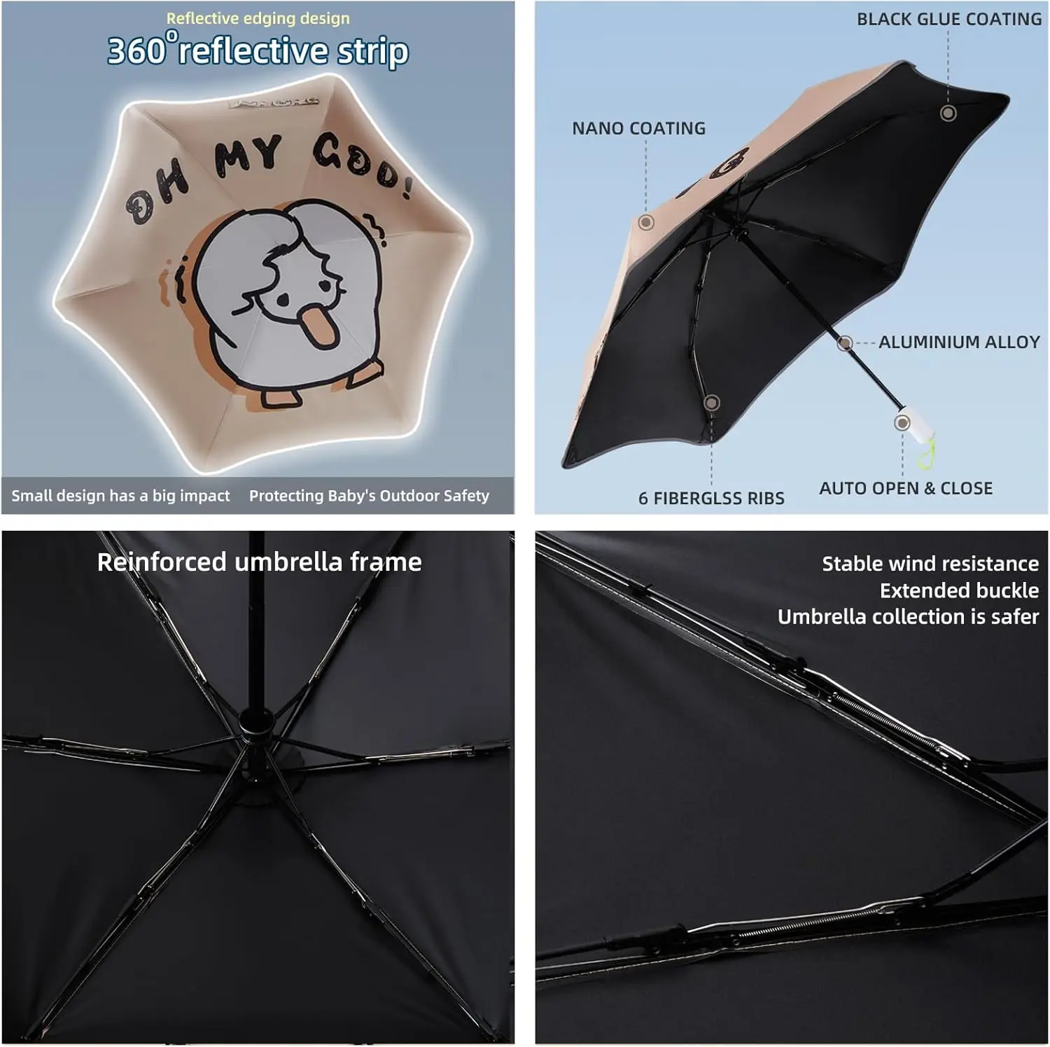 Saferound Folding Umbrella Anti UV Compact Durable Auto Open Close Lightweight Backpack Cute Cartoon Umbrella Girls Boys