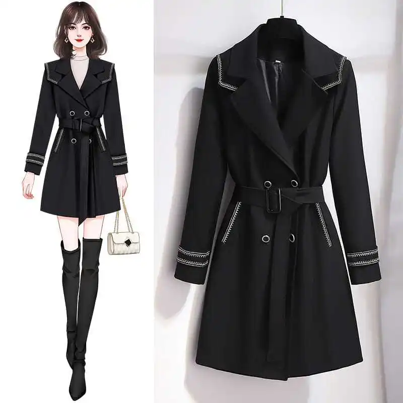 

2023 New Spring Autumn Mid-length Women Windbreaker Double-breasted Waist Belt Trench British Style Outerwear Black Oversized