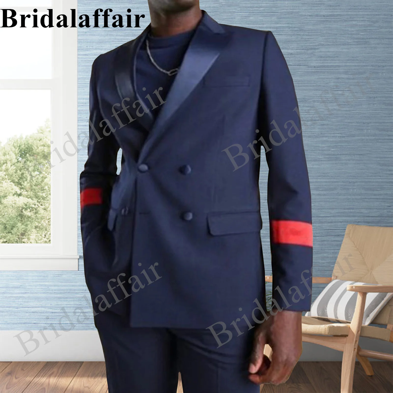 

Bridalaffair Navy Blue Red Stripes Peak Lapel Double Breasted Men Suits 2 Pieces Latest Design Costum Homme Groom Wedding Terno