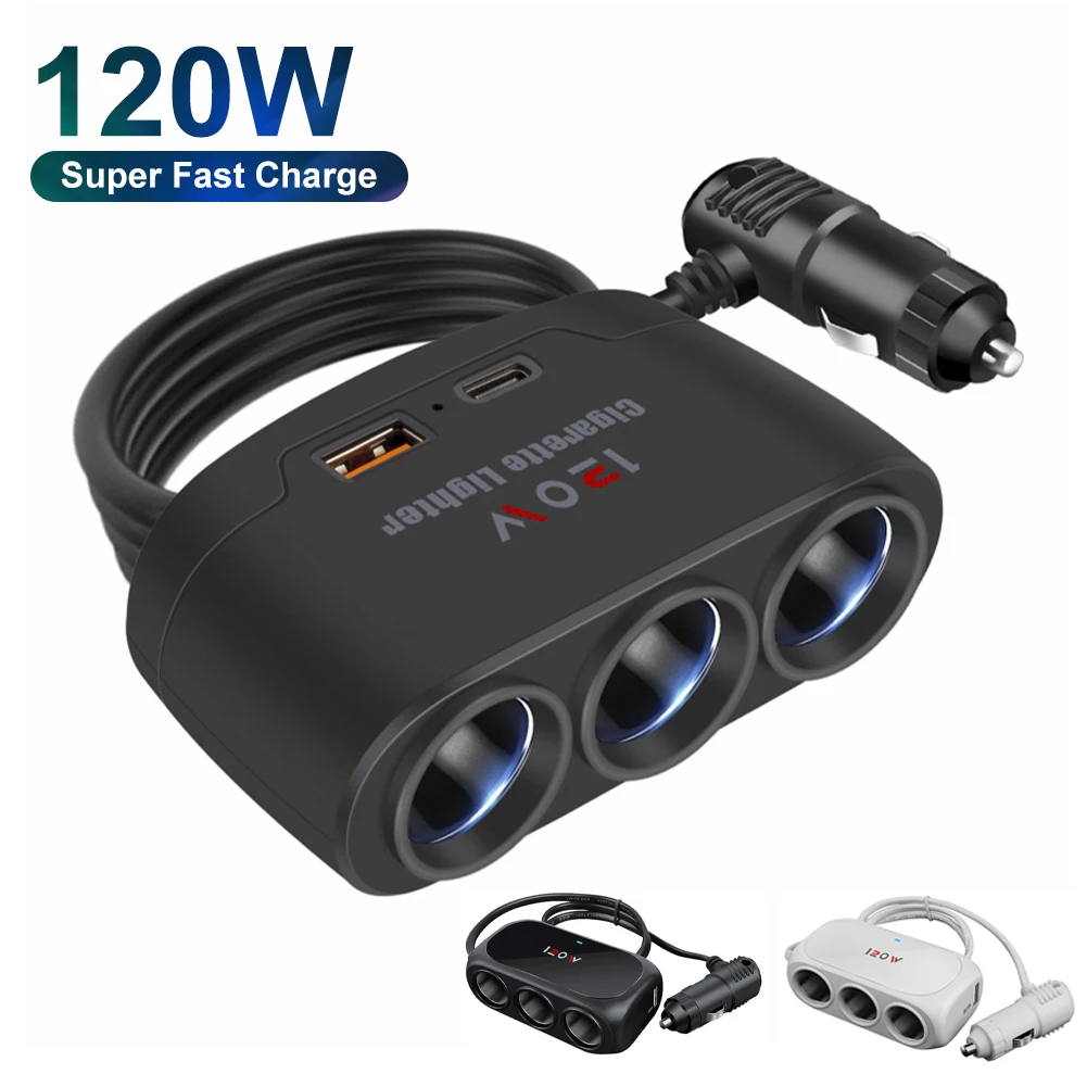 

12V/24V 120W Car Charger Adapter 3 Socket Cigarette Lighter Splitter Dual USB LED Car Fast Charger for iPhone iPad GPS Dashcam