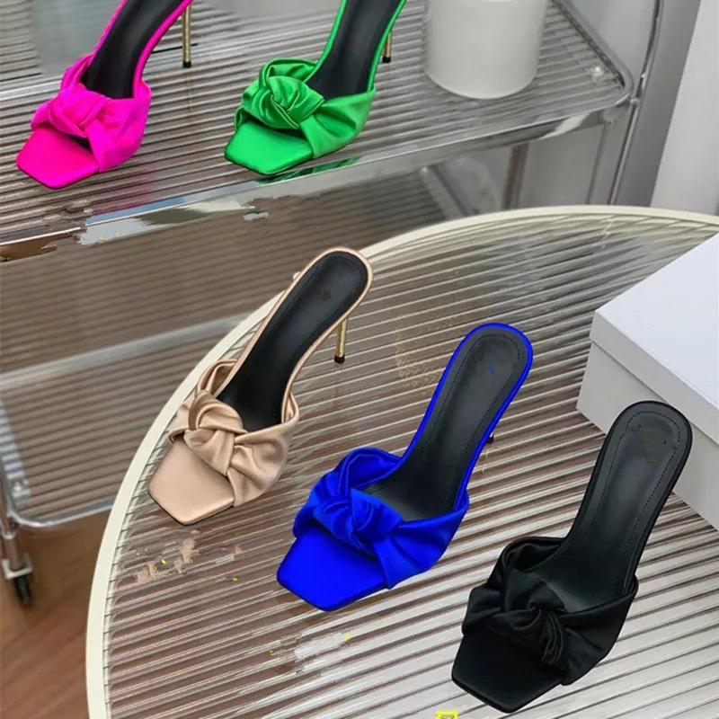 

2023 New Silk Square Head High Heel Slippers for Women, European and American Fashion Sexy Slim Heel Sandals for Women luxury