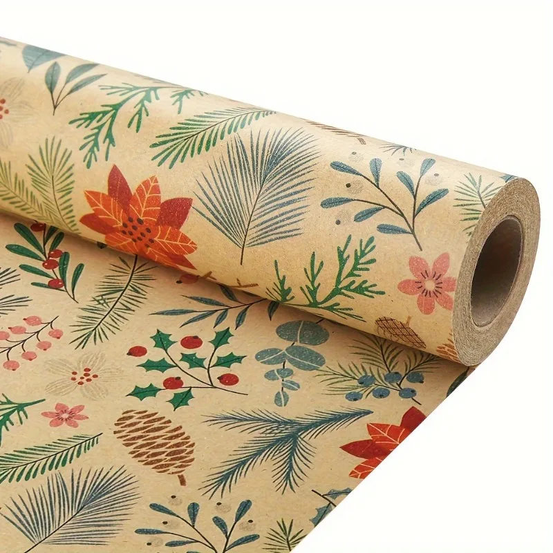 1Roll Christmas Gift Wrapping Paper with Floral and Leaf Designs, Tree and Reindeer Theme, and Christmas Decorative Window Paper