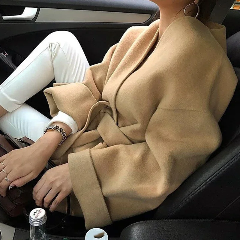 2024 Autumn Winter New Minimalist Elegant Thick Warm Woolen Coat Korea Style Plus Size Blends Wool Coats Feminino Lazy Overcoat