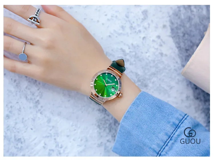 Orologio da polso al quarzo da donna alla moda GUOU con cinturino in vera pelle, diamanti, strass, calendario, lente d'ingrandimento, orologio da donna_voghion.com