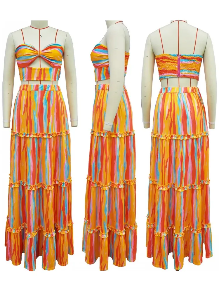 Polyester Summer African Clothes For Women Two Piece Set Dashiki Fashion Sets Long Skirt Suits Outfits Party Vetement Femme