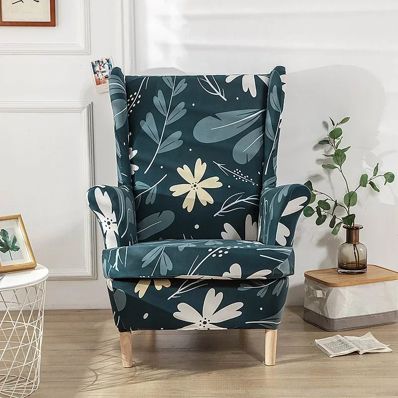 Floral Printed Wing Chair Cover Stretch Spandex Armchair Slipcover Single Sofa Covers with Seat Cushion Cover for Living Room