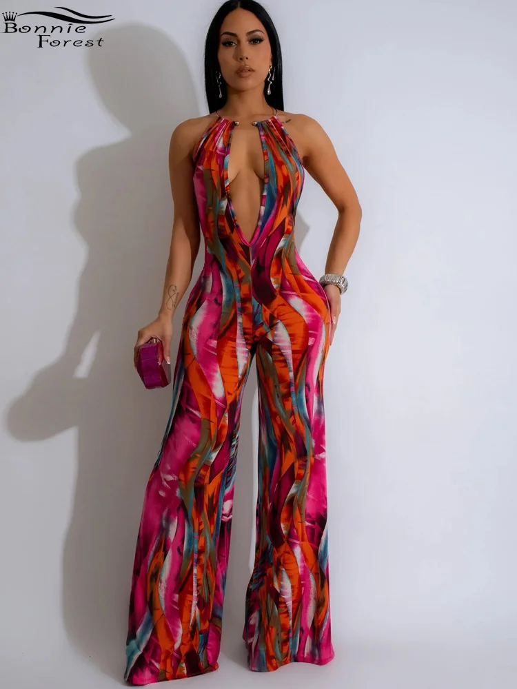 

Bonnie Forest Tropical Halter Neck Cut-Out Wide Legs Jumpsuits Overalls Summer Backless Printed Fitted Romper One Piece Outfits