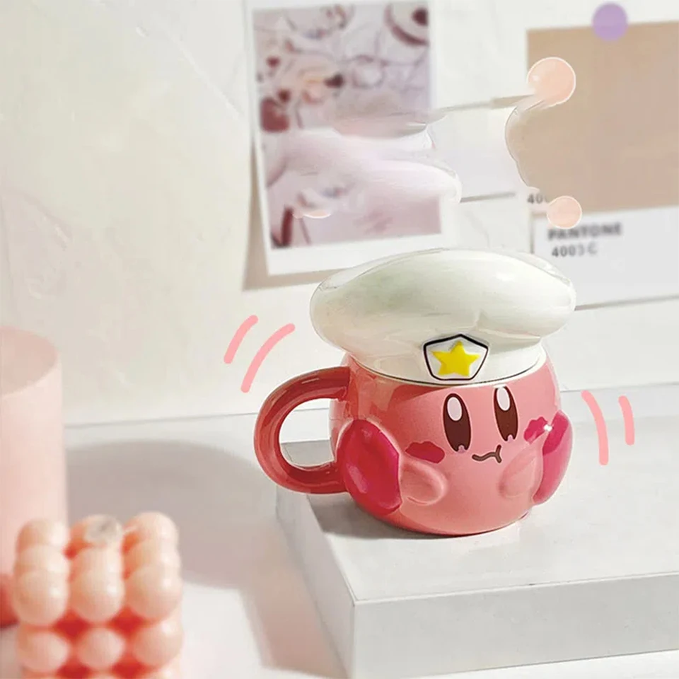 Roffatide Cartoon Kirby koffiekopjesset, 284 ml, Kirby mok sterlepel, keramiek, perfect voor Kerstmis, verjaardag en plezier bij het drinken