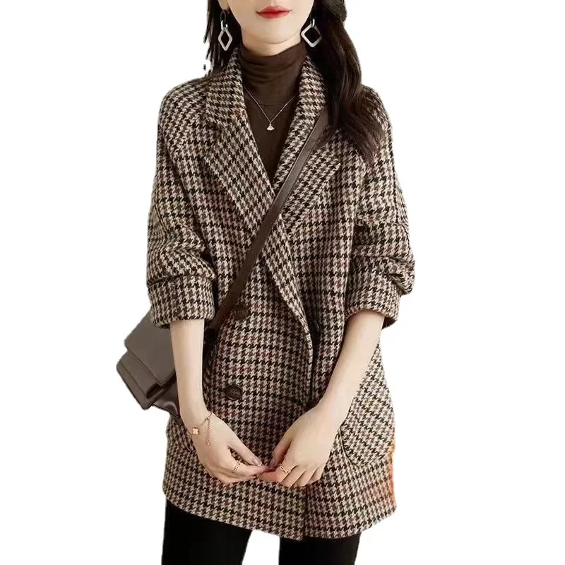Woolen Coat Vintage Houndstooth Blazer Women Fall Fashion Korean Slim Plaid Suit Loose Luxury Design Double Breasted Jacket