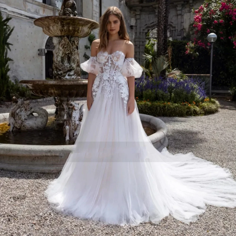 

Exquisite Wedding Dresses Princess Off Shoulder Fluffy Sleeves Sexy Mermaid Backless Mopping Bride Gowns A-Line Lace Applique