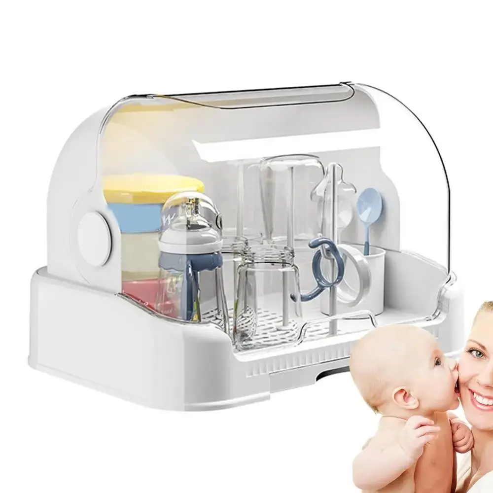 Plastic Babies Bottles Drying Rack with Cover Removable Drain Tray Dustproof Baby Bottle Rack Baby Bottle Storage Box