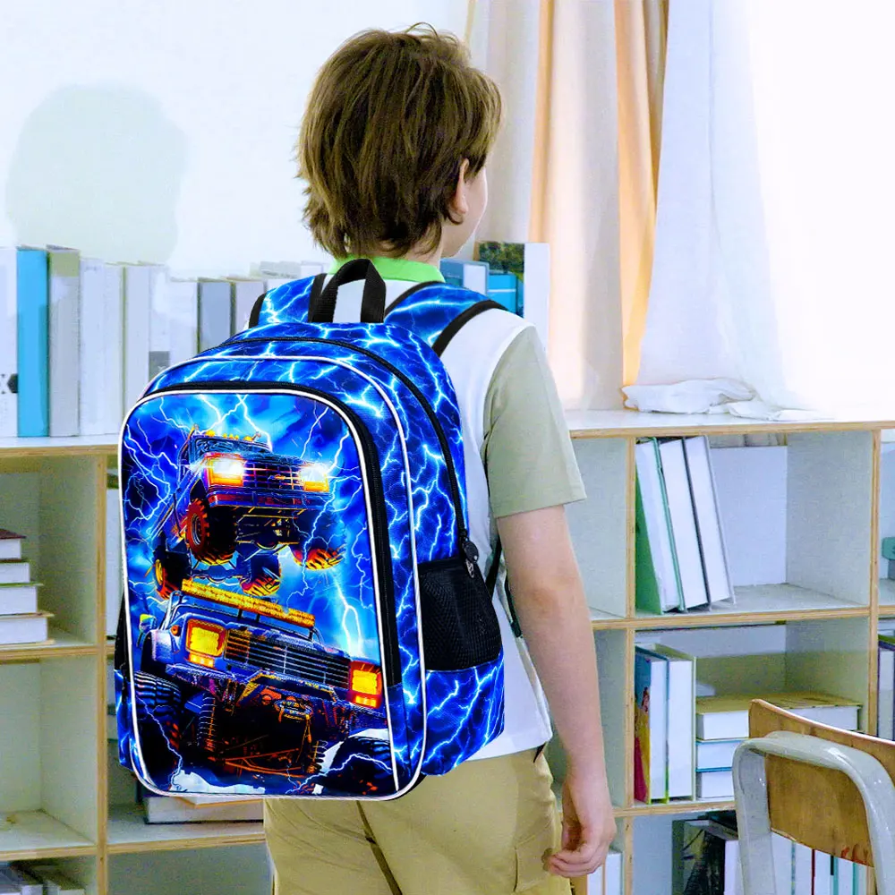 FTJCF 17" Monster Truck Backpack, Boys Lightning Kids Bookbag with Lunch Box, 3Pcs School Backpacks for Elementary Preschool Kin 1