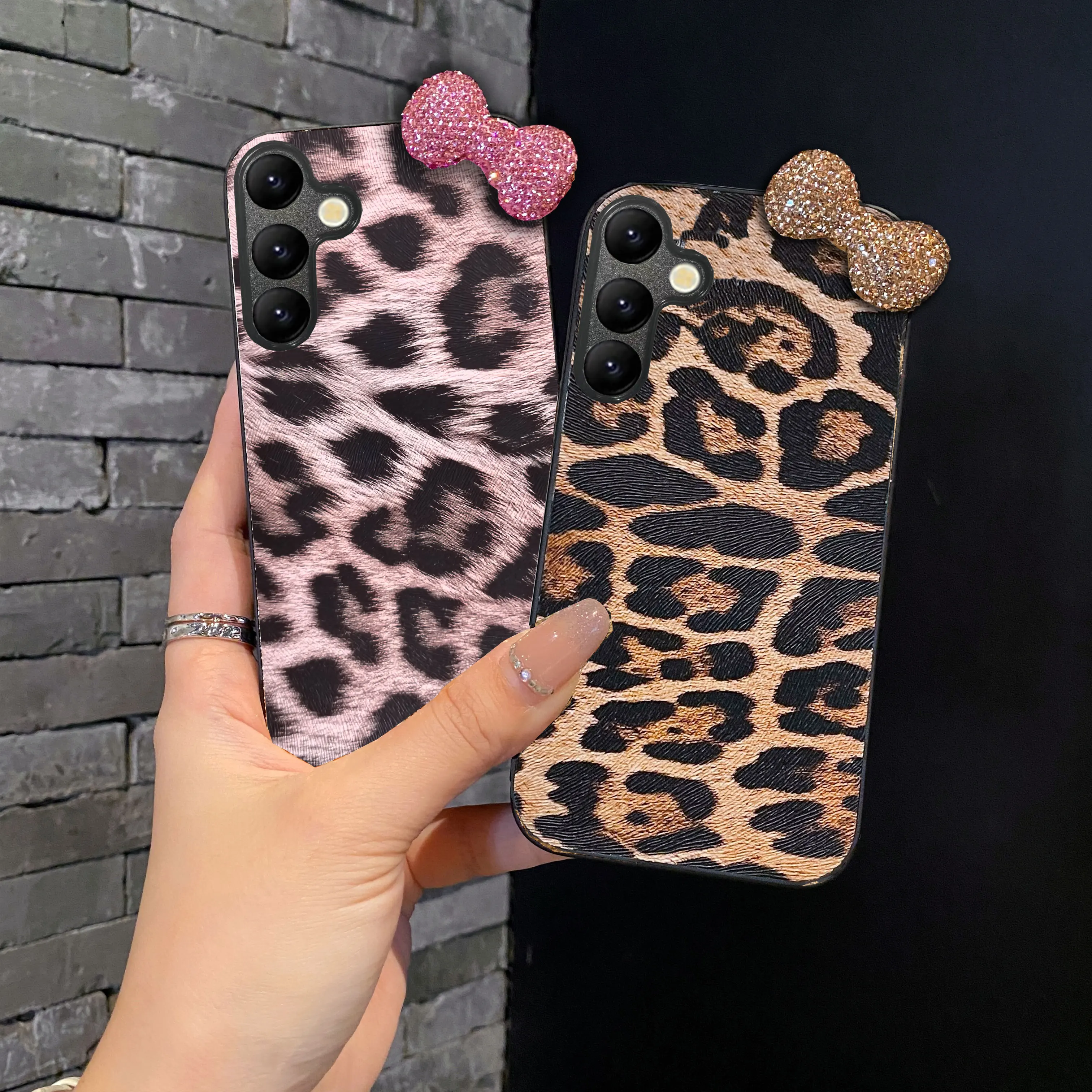 Luxury Leopard Leather 3D Diamond Bowknot Bling Phone Case Cover