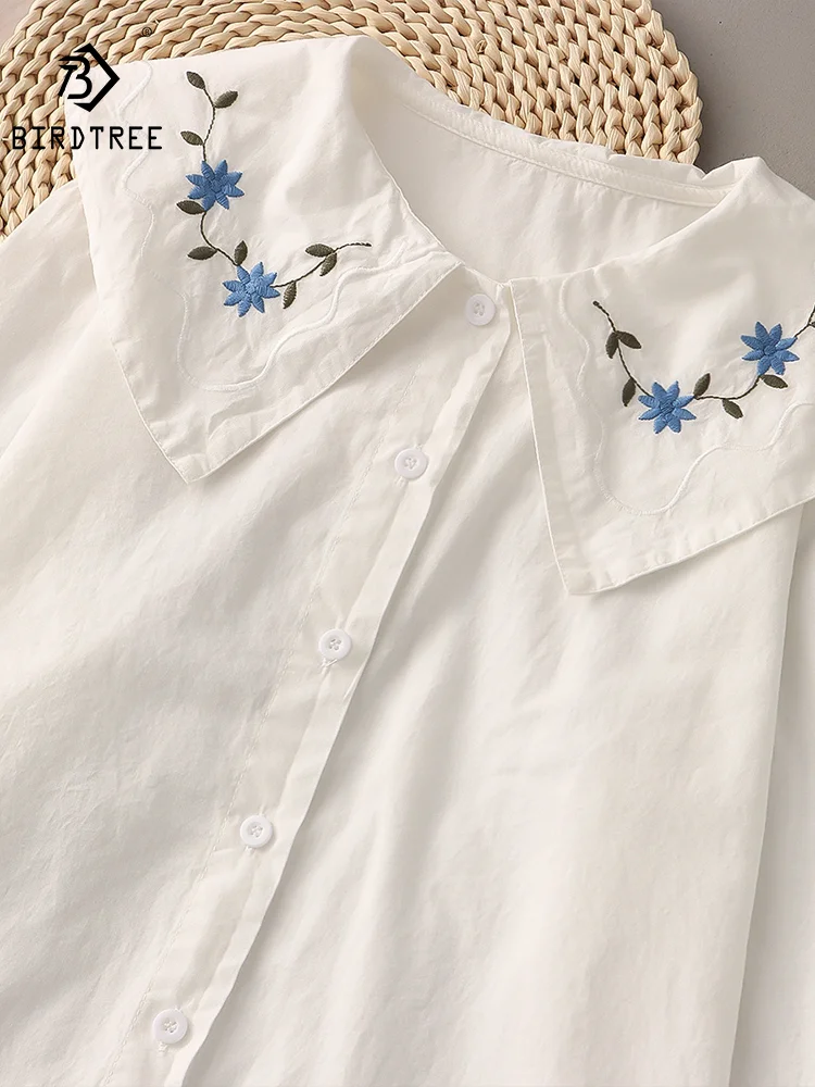 

Весенние новые женские хлопковые белые рубашки с длинным рукавом, воротник Питер Пэн, Повседневная блуза с вышивкой кота, Осенние офисные женские топы T32615Z