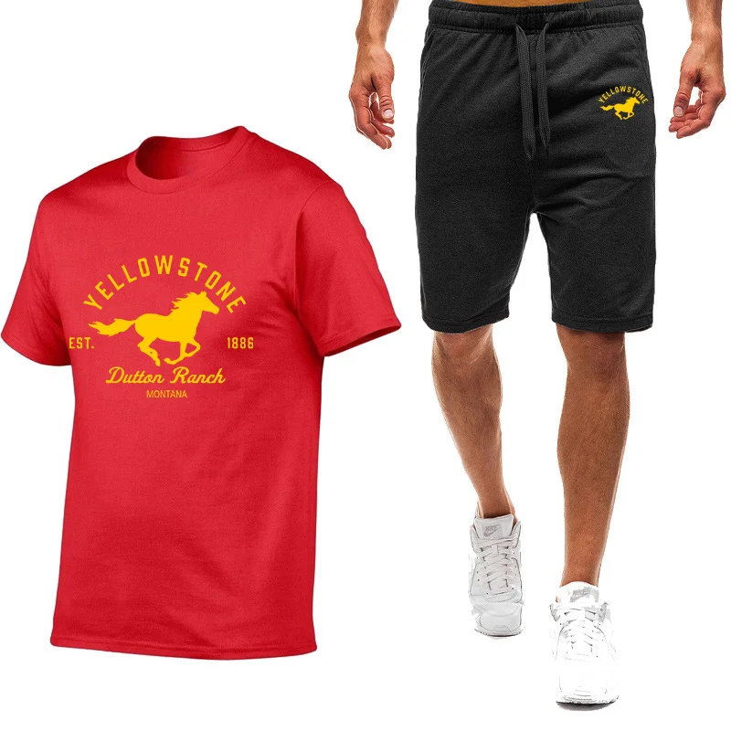 Movie Huangshi Dutton Ranch Men's Comfortable Nine-color Short-sleeved Shorts Suit Cotton Harajuku Shirt Leisure Sports T-shirt