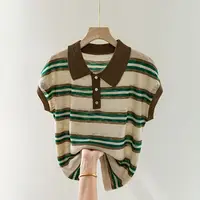 Contrasted Striped Lapel Short-sleeved T-shirt for Women in Summer Loose Casual and Versatile POLO Shirt - Image 3