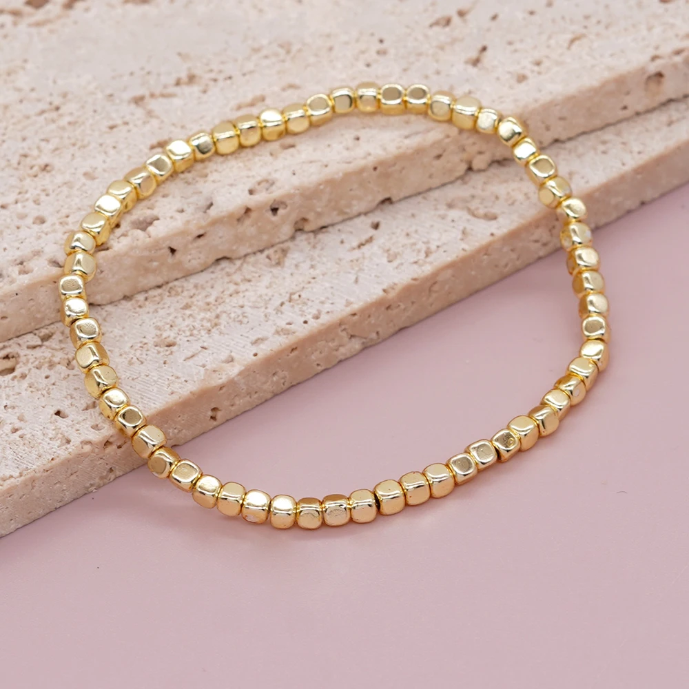 Go2boho Quadratische Hämatit-Stein-Armbänder, goldene Perlen, stapelbar, elastisch, dehnbar, handgefertigt, modisch, Unisex-Schmuck, Hawaii, trendig