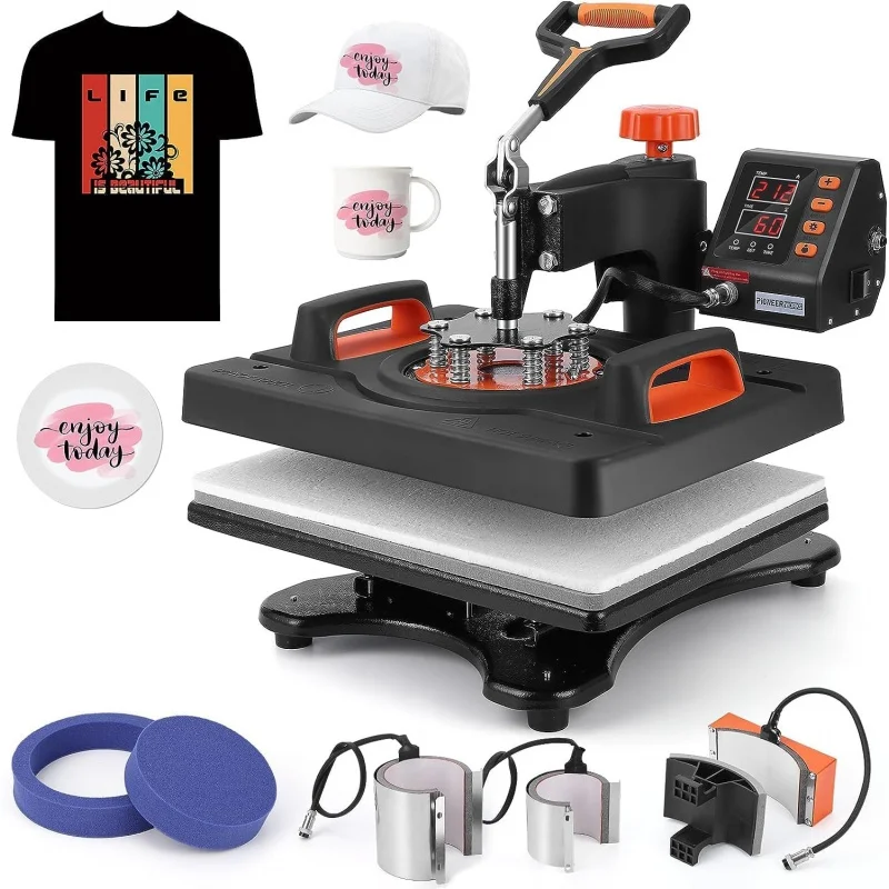 

Heat Press Machine for T Shirts, 6 in 1 Auto Hat Heat Press Sublimation, 800W 360° Rotation Swing-Away, Dual-Tube Heating Printi