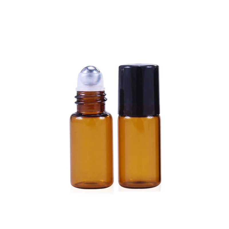 50PCS 1/2/3/5ML Metal Roller Ball Essential Glass Oil Bottle Empty Perfume Roll on Ball Refillable Liquid Container Amber 6