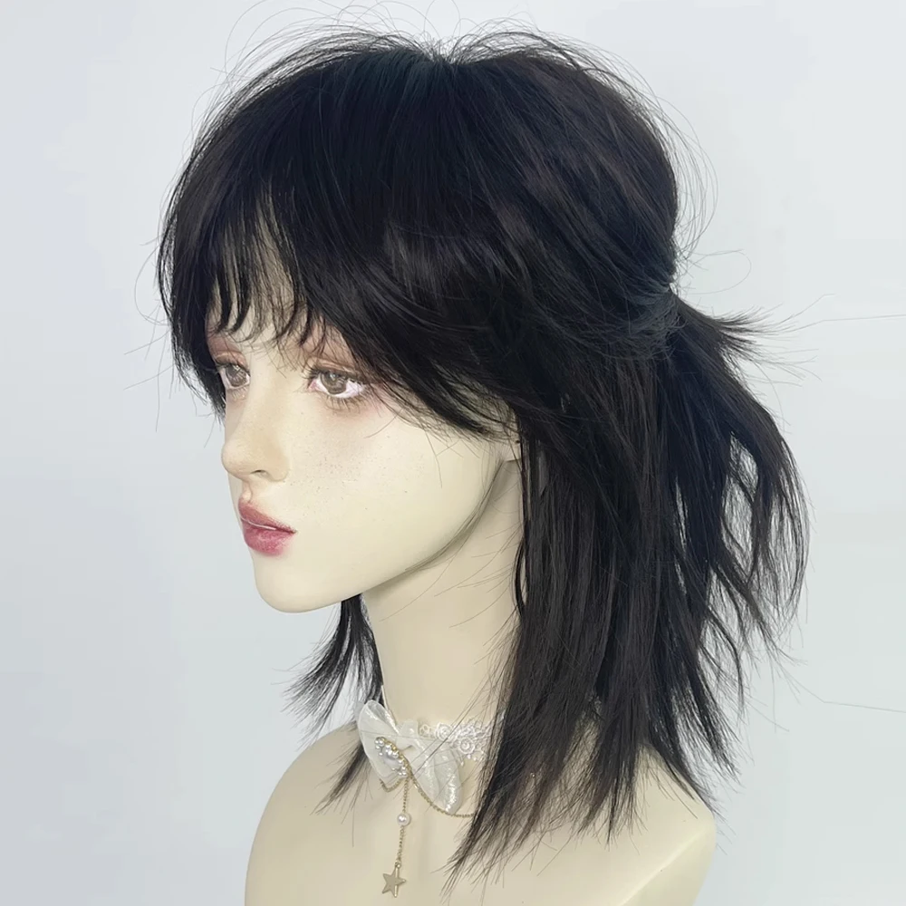 Stylish Short Synthetic Mullet Wig with Bangs for Cosplay and Daily Wear - Black, Gray, Green