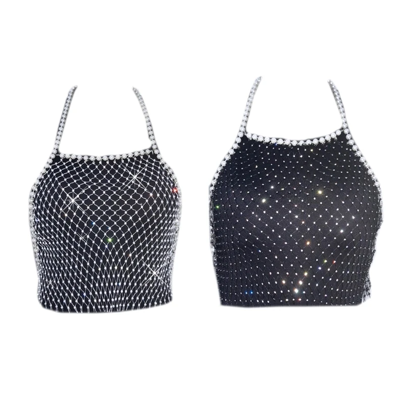 

Women Glitter Rhinestones Halter Crop Top Shiny Fishnet Mesh Pearls Chain Camisole Party Outfit Clubwear Body Chain