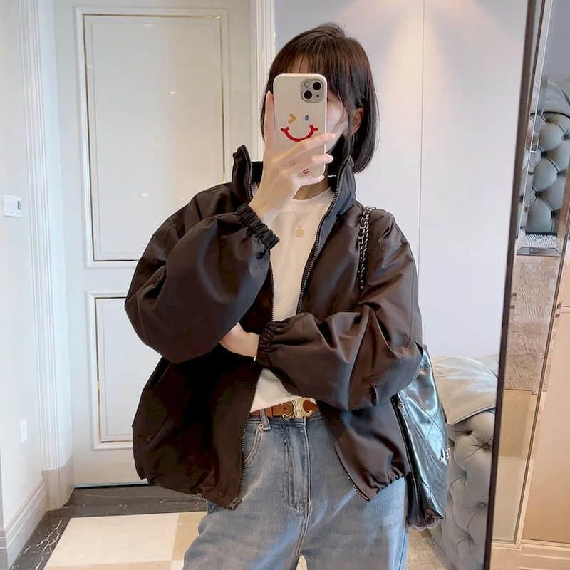 Chaquetas para mujer, estilo coreano, cuello alto, chaqueta de béisbol sólida, cárdigans de manga larga, abrigos recortados, blusas casuales vintage para mujer